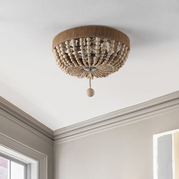 Justina Wood Bead 14" Farmhouse Bohemian Iron LED Flush Mount - JONATHAN Y